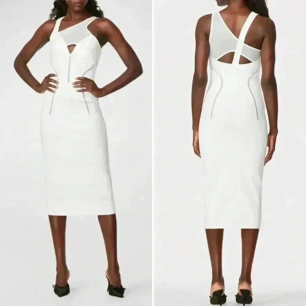 NWT - HERVÉ LÉGER X LAW ROACH Layered Sheer Intarsia Midi Dress Size Large White